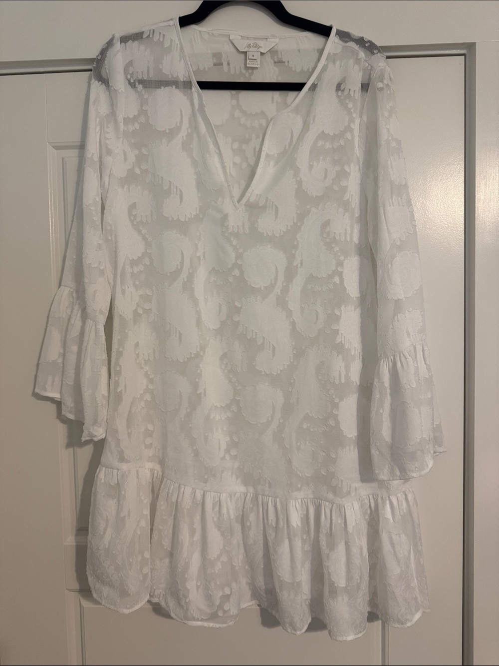 Lily Pulitzer White Textured Swimsuit V-Neck Ruffle with Seah - 3/4 Bell Sleeves
